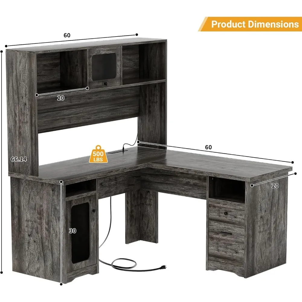 L-Shaped Desk with Power Outlet and LED Lighting, Corner Office Desk with File Cabinet Drawer