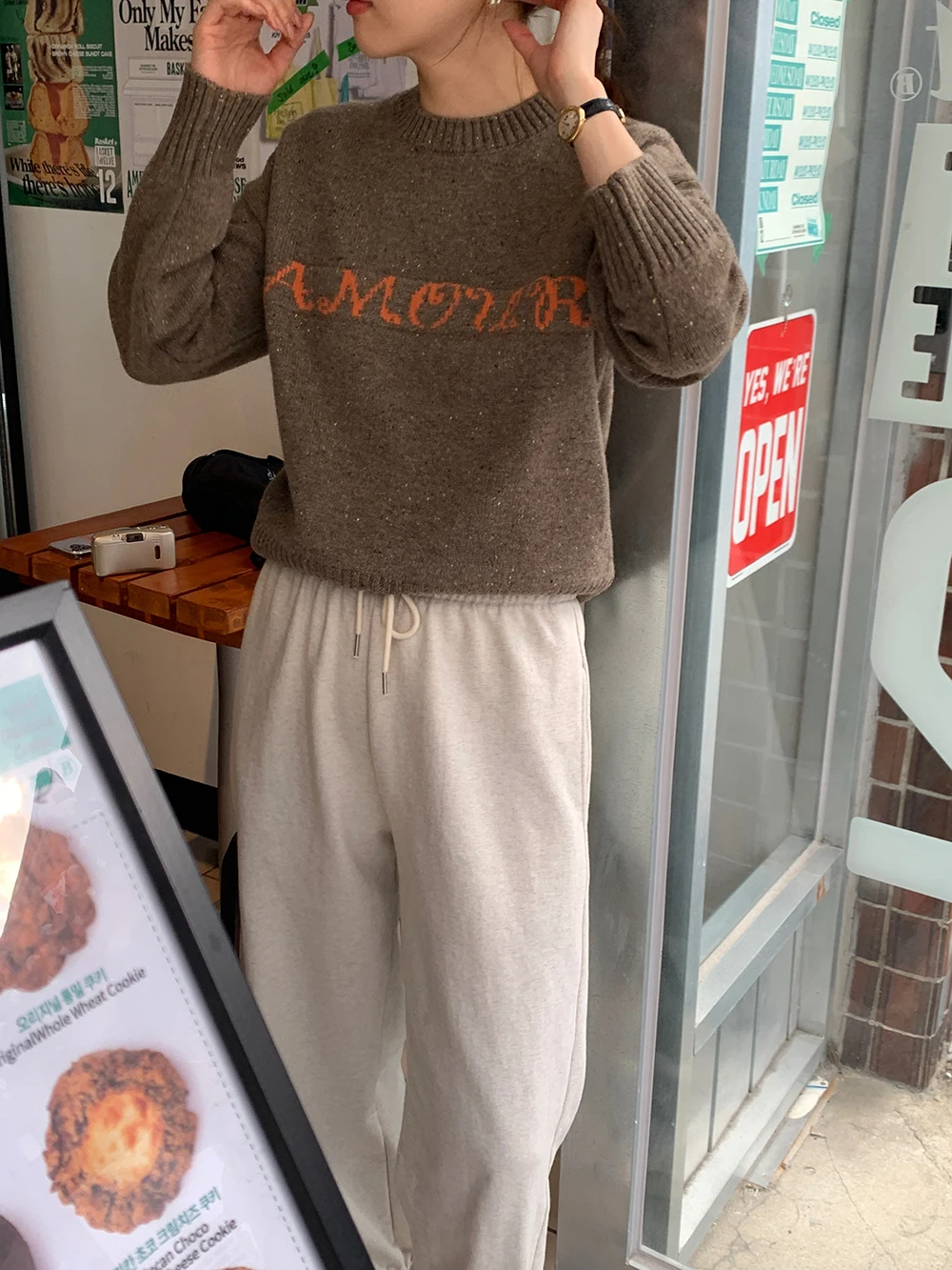 

LE LALIN Autumn Winter Knitted Woolen Sweater round Ne Embroidered Patchwork Color Blo Lettering Loose Fit Long Sve Top