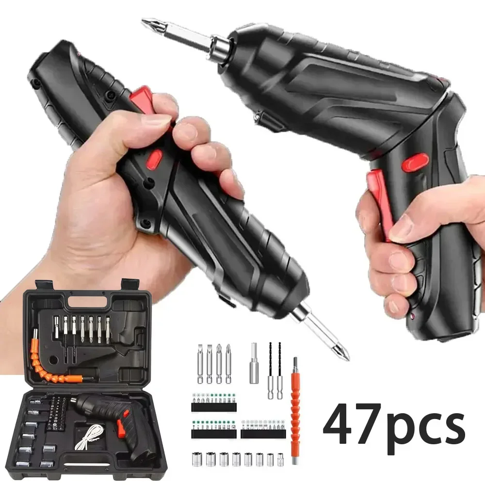 2/47pcs 3.6V Screwdriver Kit Rechargeable Lithium Battery Cordless Electric Screwdriver Drill Kit Folding Home Power Tools