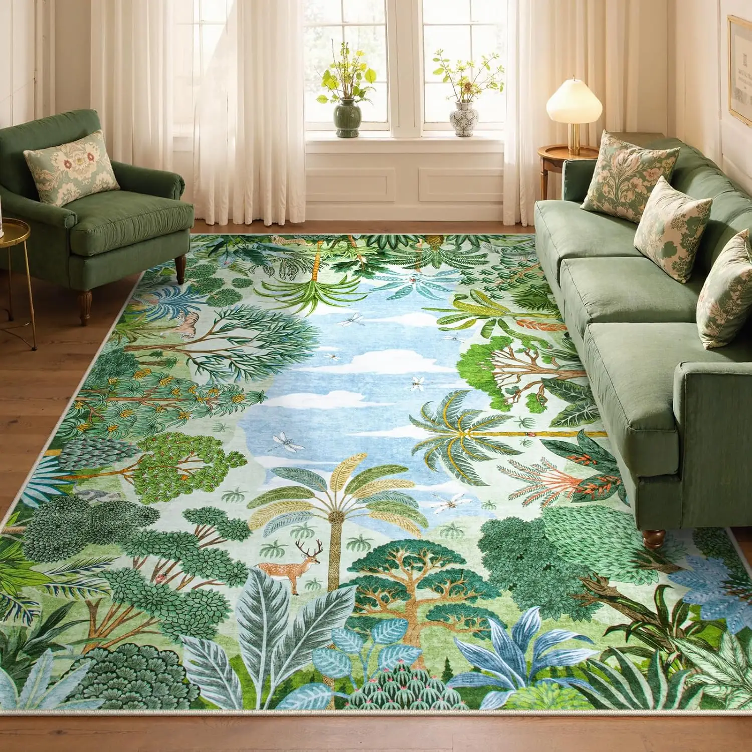 1pc 2D Flat Tropical Jungle Scenery Printed Floor Mat, Decorative Rug for Living Room, Bedroom, Office, Home Decor