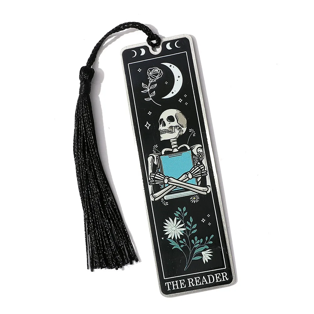 1pcs Black Stainless Steel Bookmarks With Black Tassel, Skull Reader Bookmarks Reading Gift for Fiction Fans