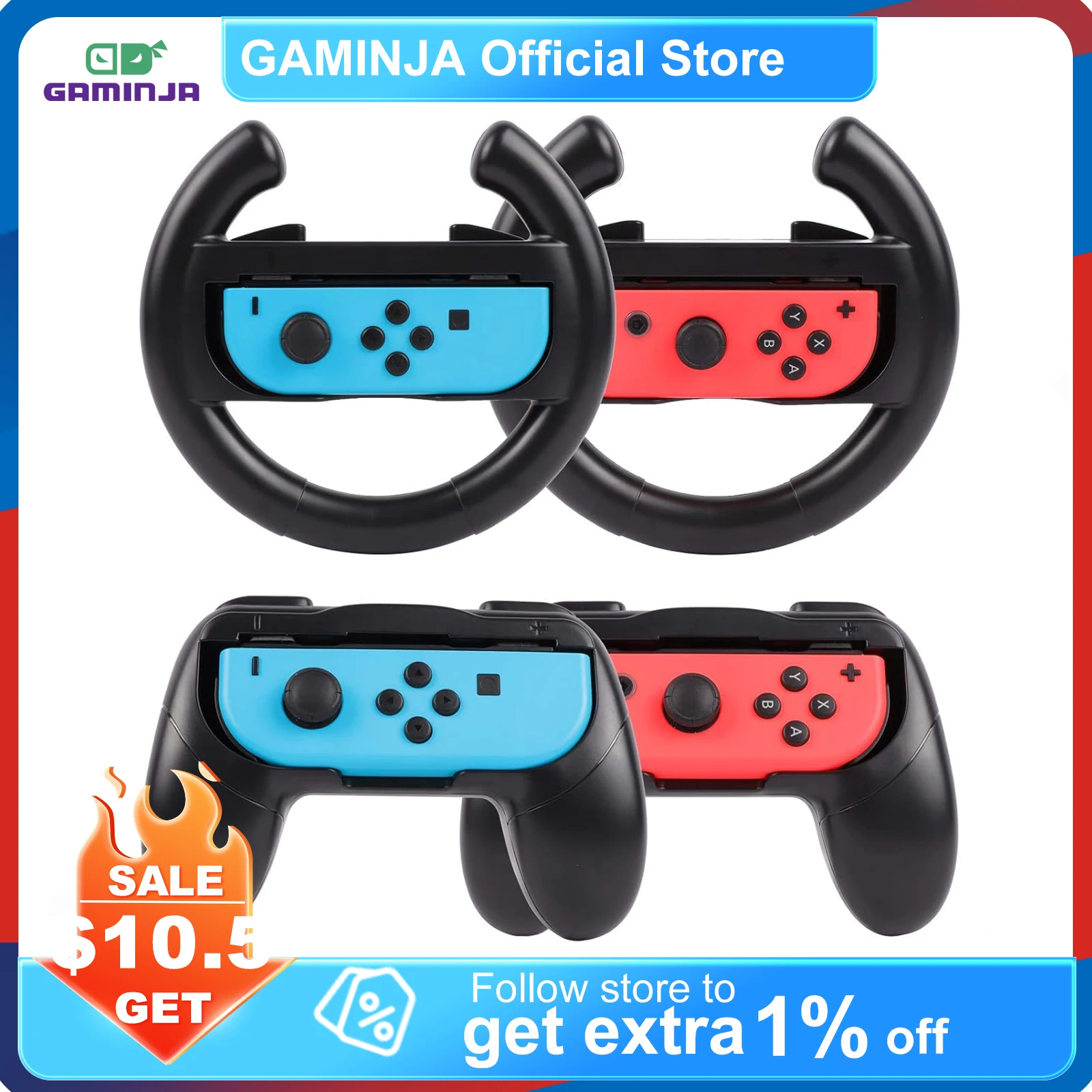 GAMINJA 4 in 1 Nintendo Switch Accessories Kit Racing Steering Wheel Handle Grip for Switch Oled Joy-Con Gaming Sports Set