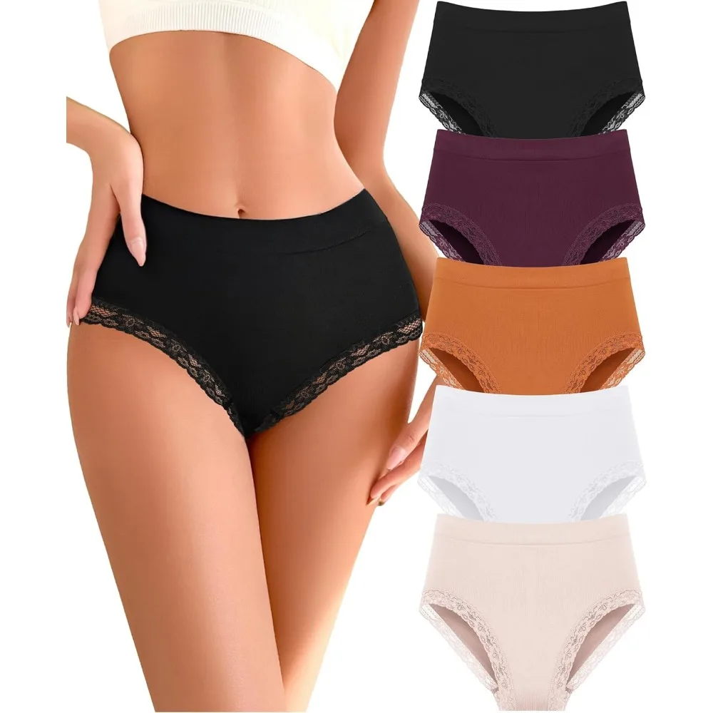 Seamless High Waisted Lace Underwear for Women 5-Pack Stretchy Full Coverage Briefs Plus Size Tagless Panties