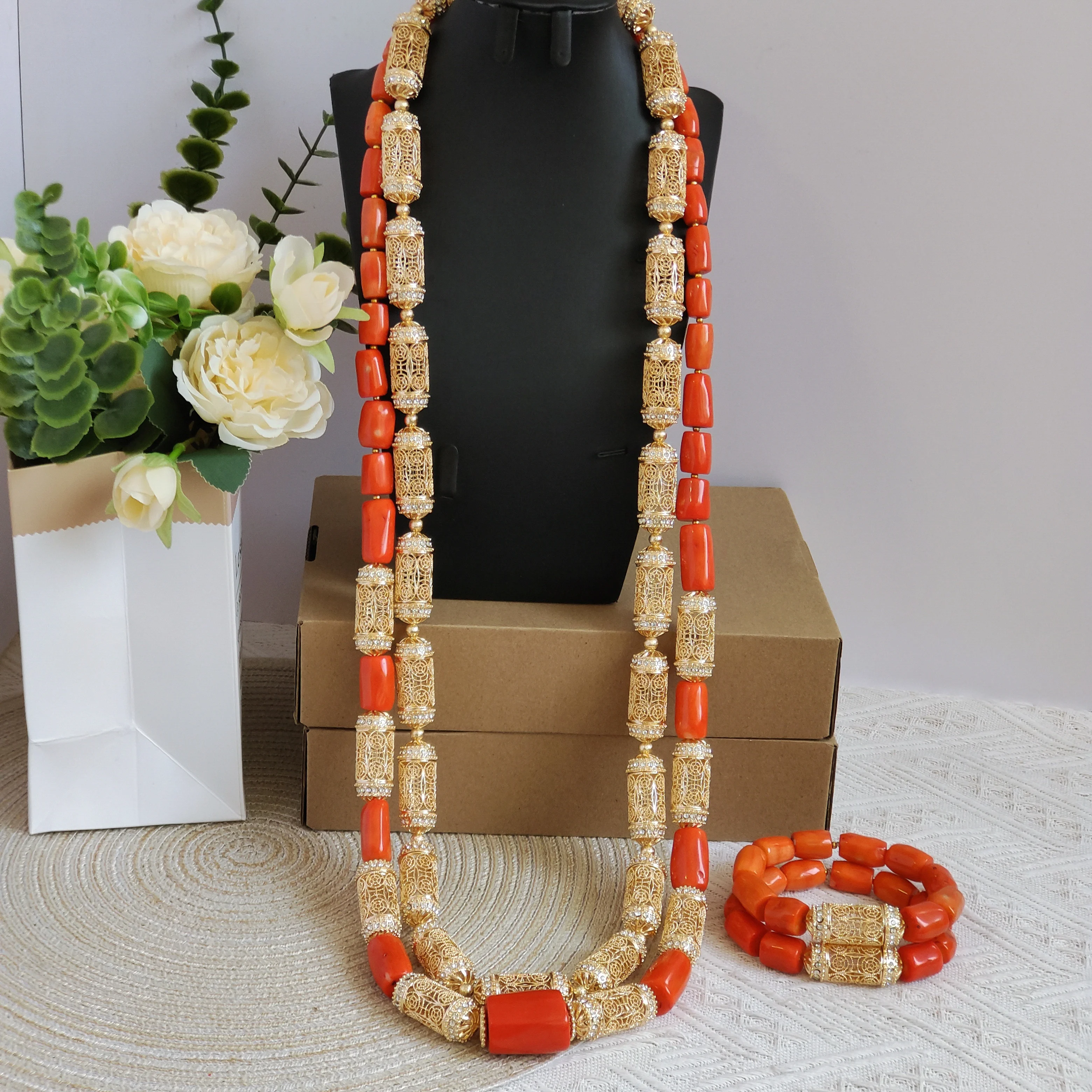 Aczuv real nigerian wedding african coral bead men jewelry set