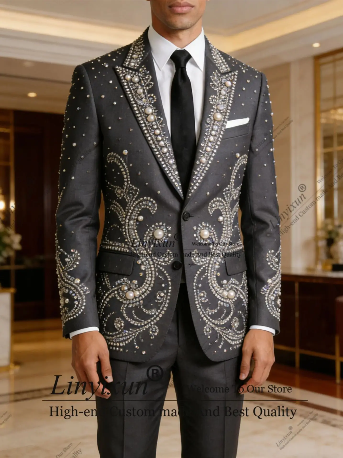

Роскошные мужские костюмы с кристаллами, смокинги с заостренными лацканами для жениха, свадебные костюмы на заказ, мужские комплекты из 2 предметов, пиджаки для выпускного бала
