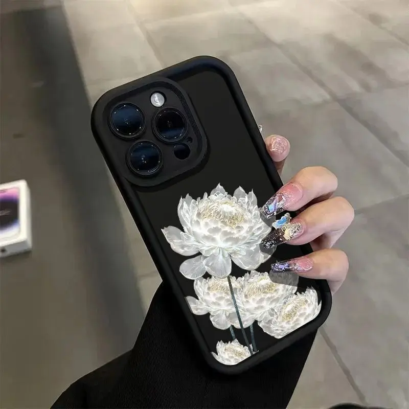 

White lotus flower design phone case for iPhone 16 15 14 13 12 11 Pro/ Max/Plus shock-proof rear cover anti-fingerprint