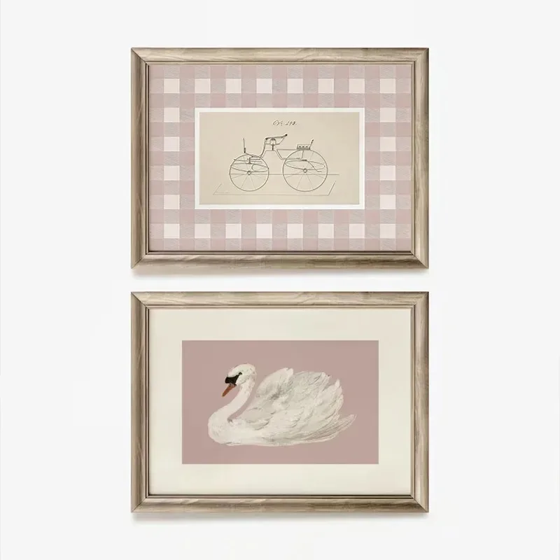 Pink Nursery Gallery Art Wall Poster Vintage Kids Room Swan Rabbit Canvas Painting Light Color Dorm Room Aesthetic Wall Art
