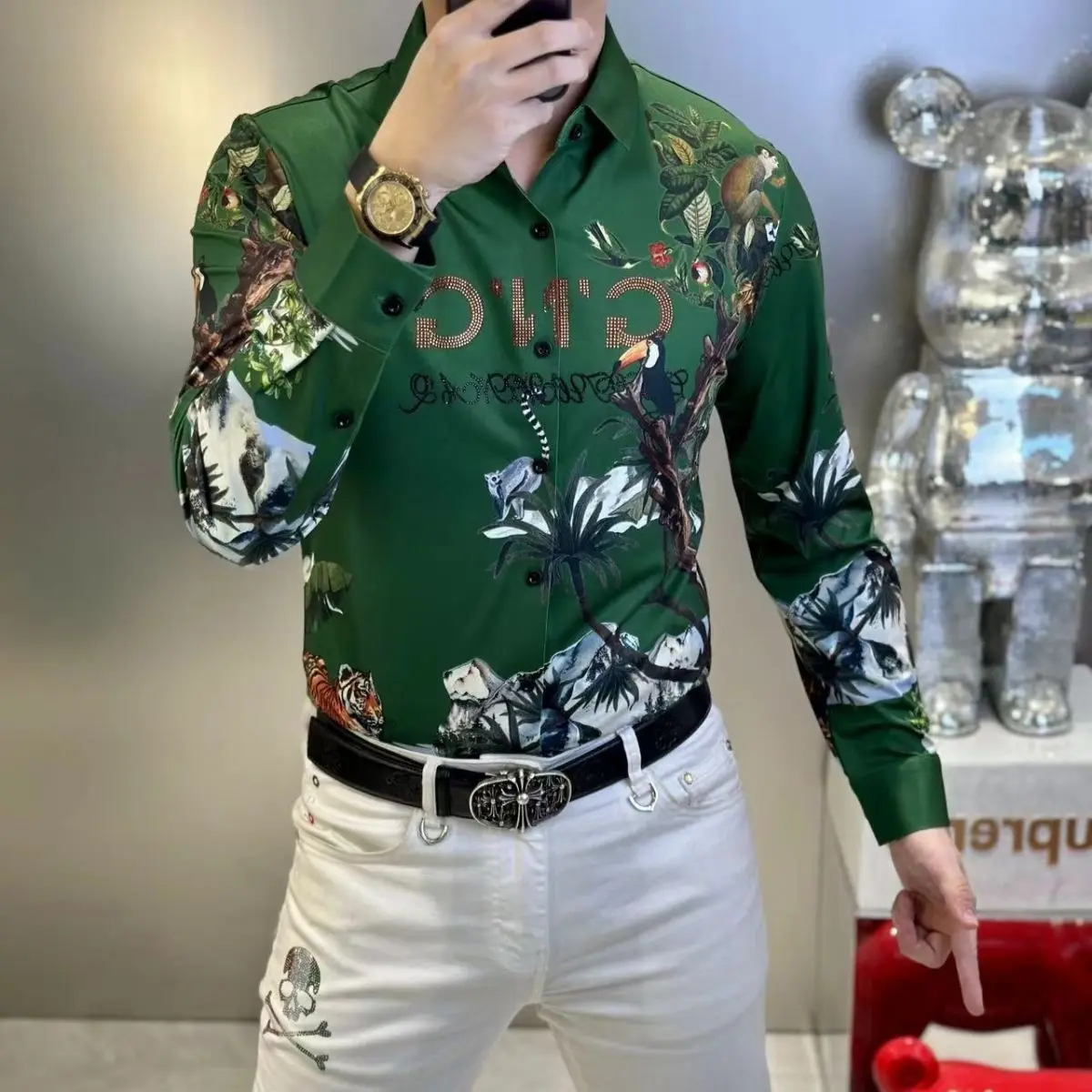 Spring Autumn Thin Long Sleeve Blouse Buttons Tops Fashion Printing Shirts Turn-down Collar Man Straight Interior Lapping Shirts