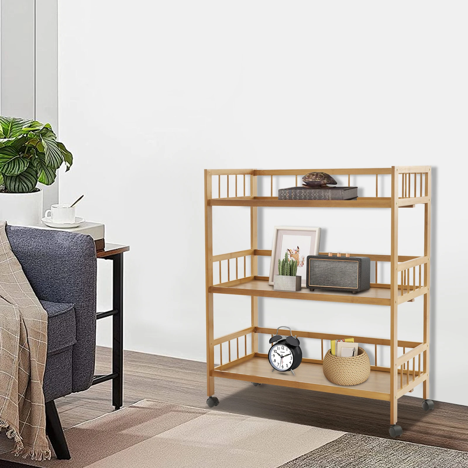 

Трехъярусная тележка из бамбука и дерева 70x30x82 см с ограждением, передвижная, для хранения в кухне и гостиной