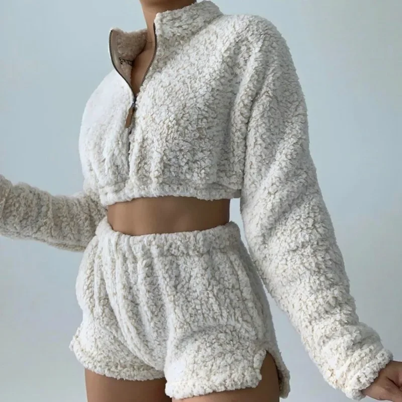 Womens Fluffy Hoodies Long Sleeve Velvet Plush Winter Sexy Crop Tops Streetwear Tracksuit Streetwear Sweatshirts Kawaii Cute