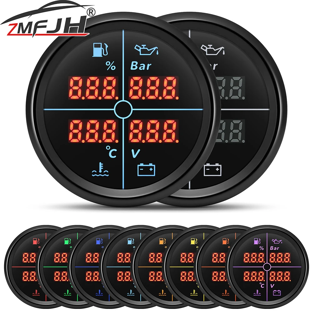 

52mm/85mm Multi-function 4 in 1 Gauge Water Temp Fuel Level Oil Pressure Voltage 8 Colors Backlight Gauge For Boat Car 12V 24V
