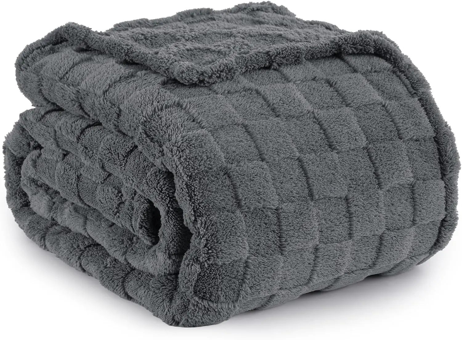 

Checkered Fleece Blanket Twin Size For Sofa Bed, Warm 3D Plaid Jacquard Fluffy Blanket For Fall And Winter, Dark Grey, 66X90