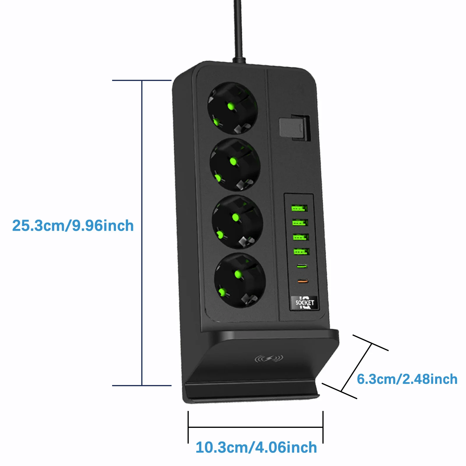 สายไฟ3000วัตต์ตัวกรองเน็ตเวิร์คสายไฟต่อ2เมตร4พอร์ตพร้อม USB 4พอร์ตและ Type-C 2พอร์ตตัวป้องกันชาร์จไร้สายไฟกระชาก