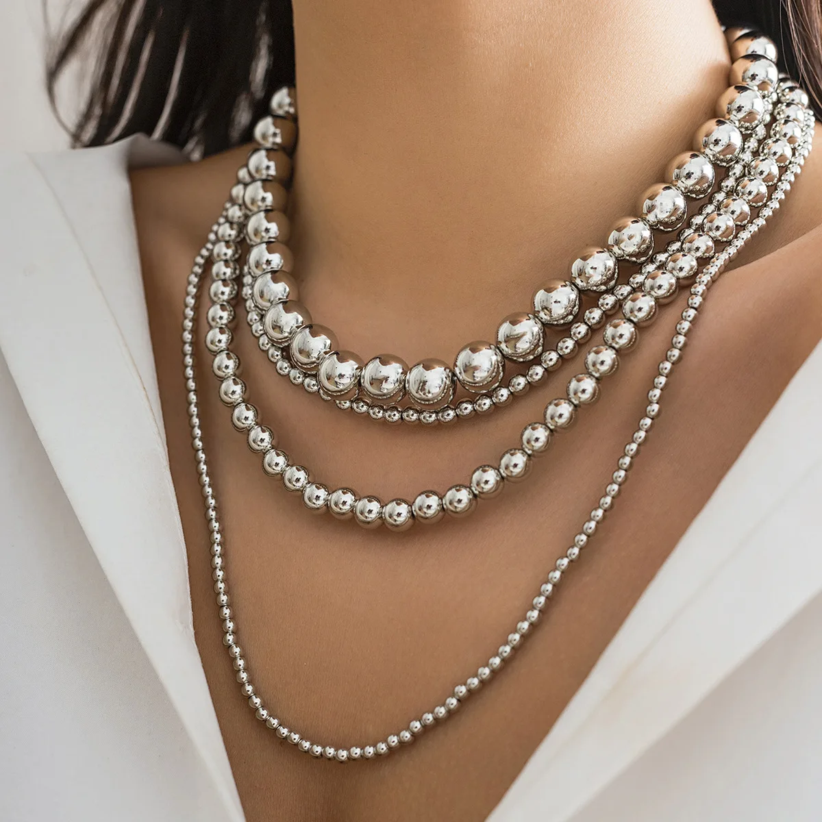 Vintage Gold Color Round Bead Size Beaded Collar Necklace Women 2023 Exaggerated Cyber Style Multi layered Men\'s Fashion Jewelry