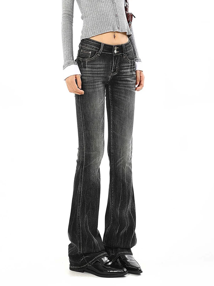 2025 Autumn Winter Women Low Rise Flare Denim Pants American Black Jeans Y2k Japanese Harajuku Gyaru Bell Bottom Bootcut Jeans