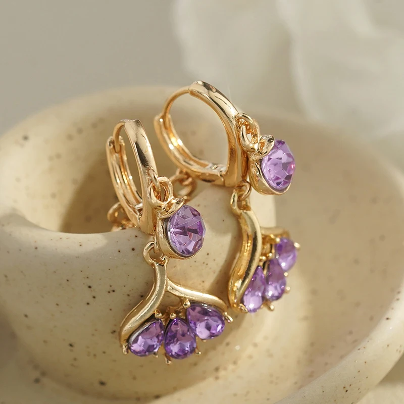 GANPUP Funkelnde Lila Kristall-Zirkonia Wassertropfen-Ohrhänger für Damen, Modische Ohrhänger, Schmuck-Accessoires, Geschenk für Partys – Detail 1