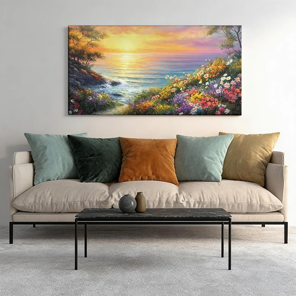 

1pcwooden frame canvas decorative painting Sunset over sea, colorful flowers, trees.Corridor, Living Room Decoration