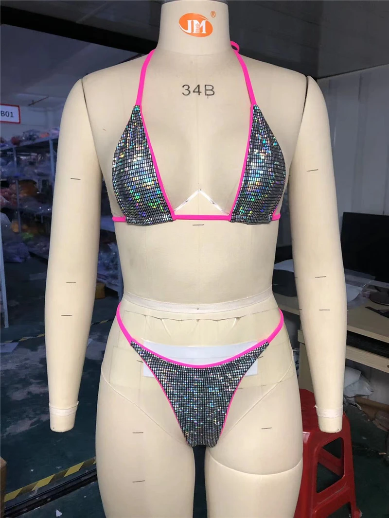 Nieuwe Micro Bikini String Badpak Mini Bikini Set T-Back Badmode Bling Strandkleding Bandage Badpak Vrouwelijk Halter Badpak