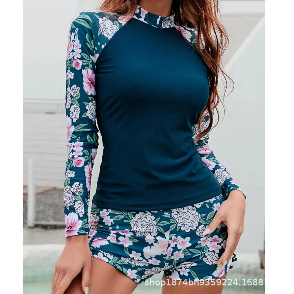 Women's Swimsuits Long Sleeves Tankini Set Female Swimwear 2022 New Sports Pool Beachwear Two-Piece Bathing Suits With Shorts