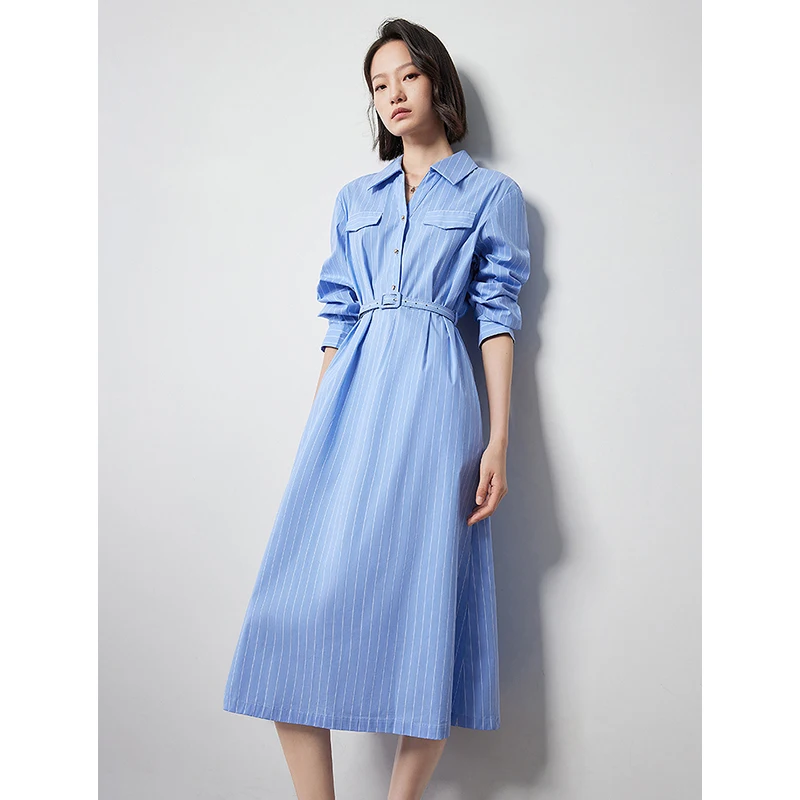 TOYOUTH Women Dress 2024 Autumn New Blue and White Striped Slim Waist Mid Length Elegant Office Lady Shirt Dress With Waistband