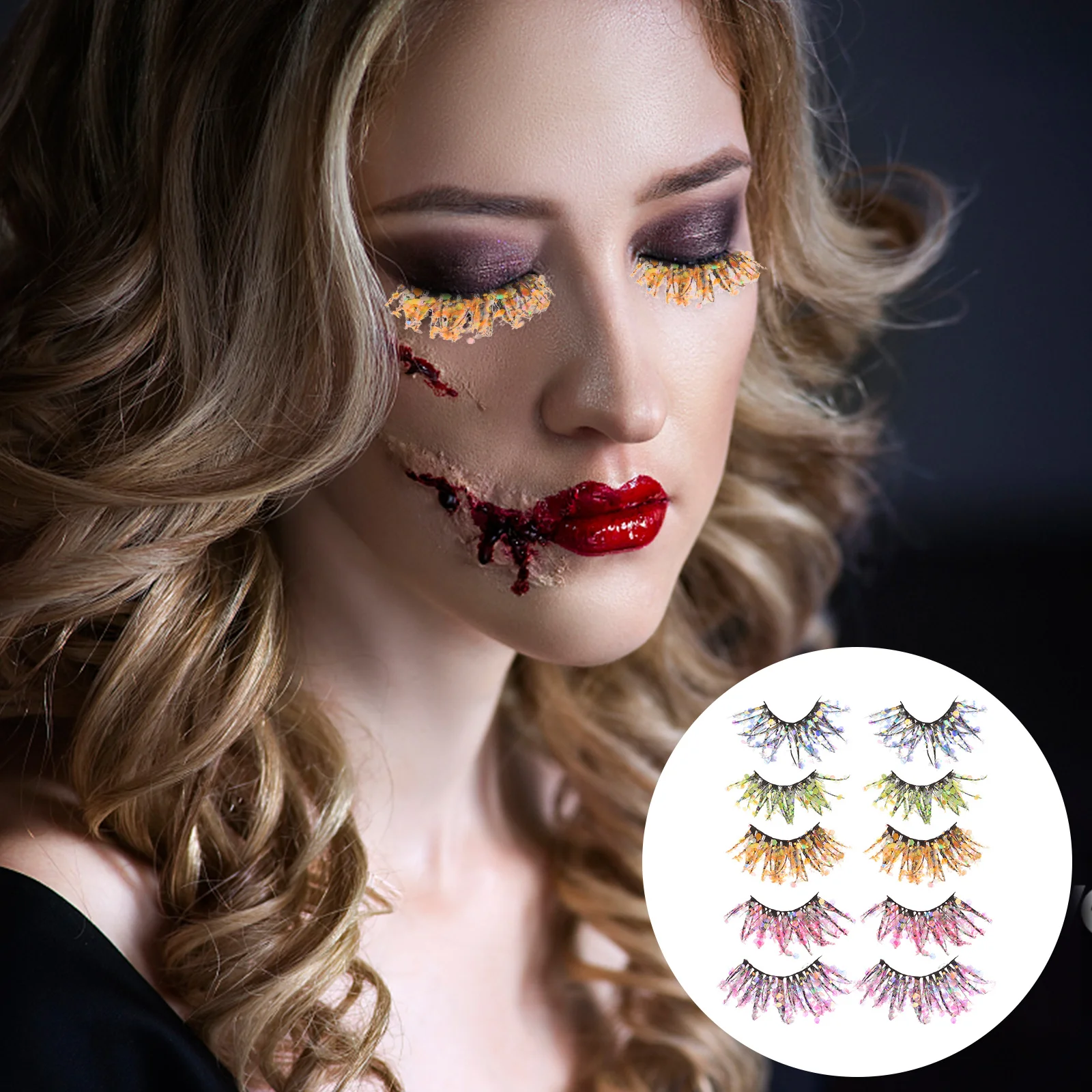 5 أزواج يتوهج في الظلام الرموش الصناعية الفلورسنت بريق لاش ملحقات ثلاثية الأبعاد الرموش الملونة لحفلة عيد الهالوين #2