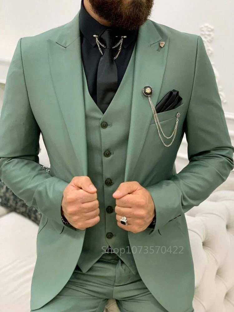 Mocha Green Men\'s Suits One Button Slim Fit 3 Pieces Wedding Prom Party Suit Jacket Vest Trousers Formal Tuxeods for Business