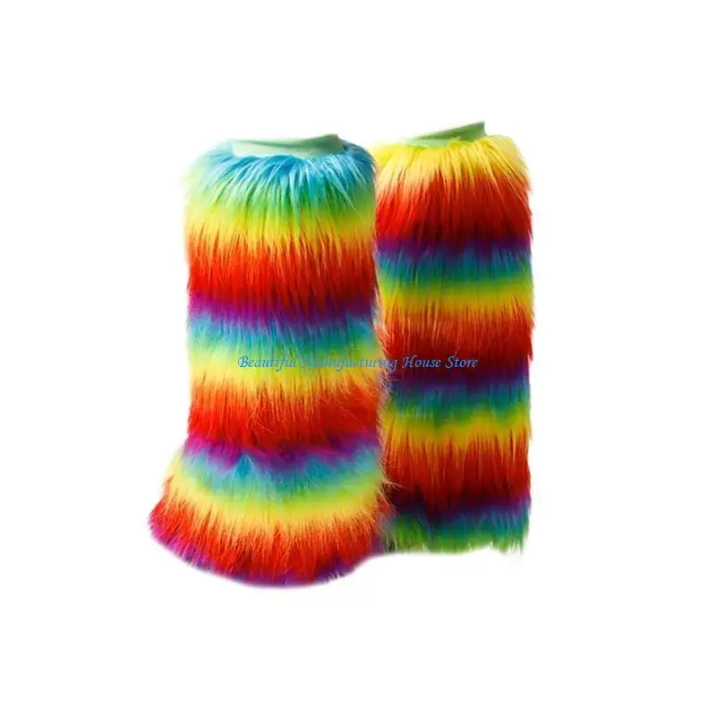 

E56A Women Girls Vintage Warm Furry Bright Rainbow Leg Warmers Fuzzy Leg Cover Harajuku Boot Cuffs Long Socks for Winter Days