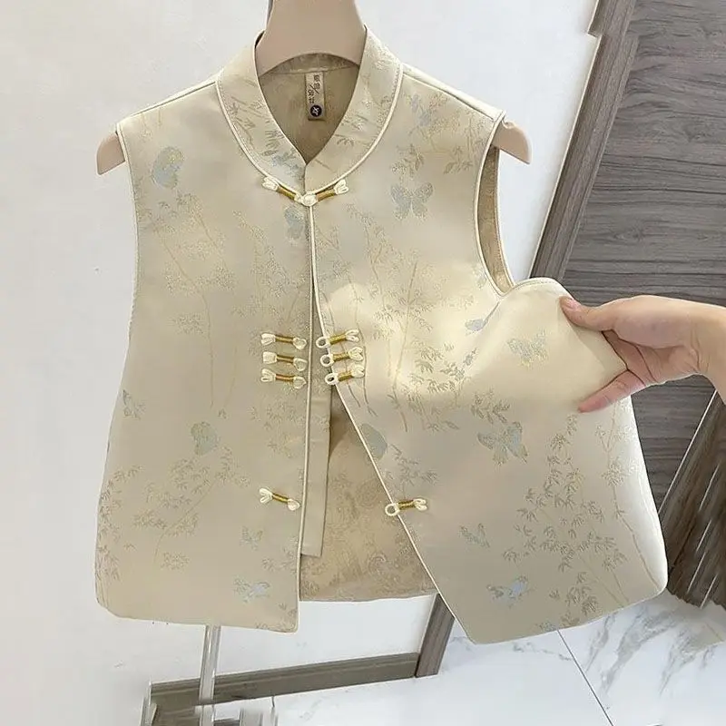 

Blouse Women's Spring Autumn Jacket Chinese-style Buttoned Jacquard Vest Waistcoat Comfortable Minimalist Casual Niche Versatile