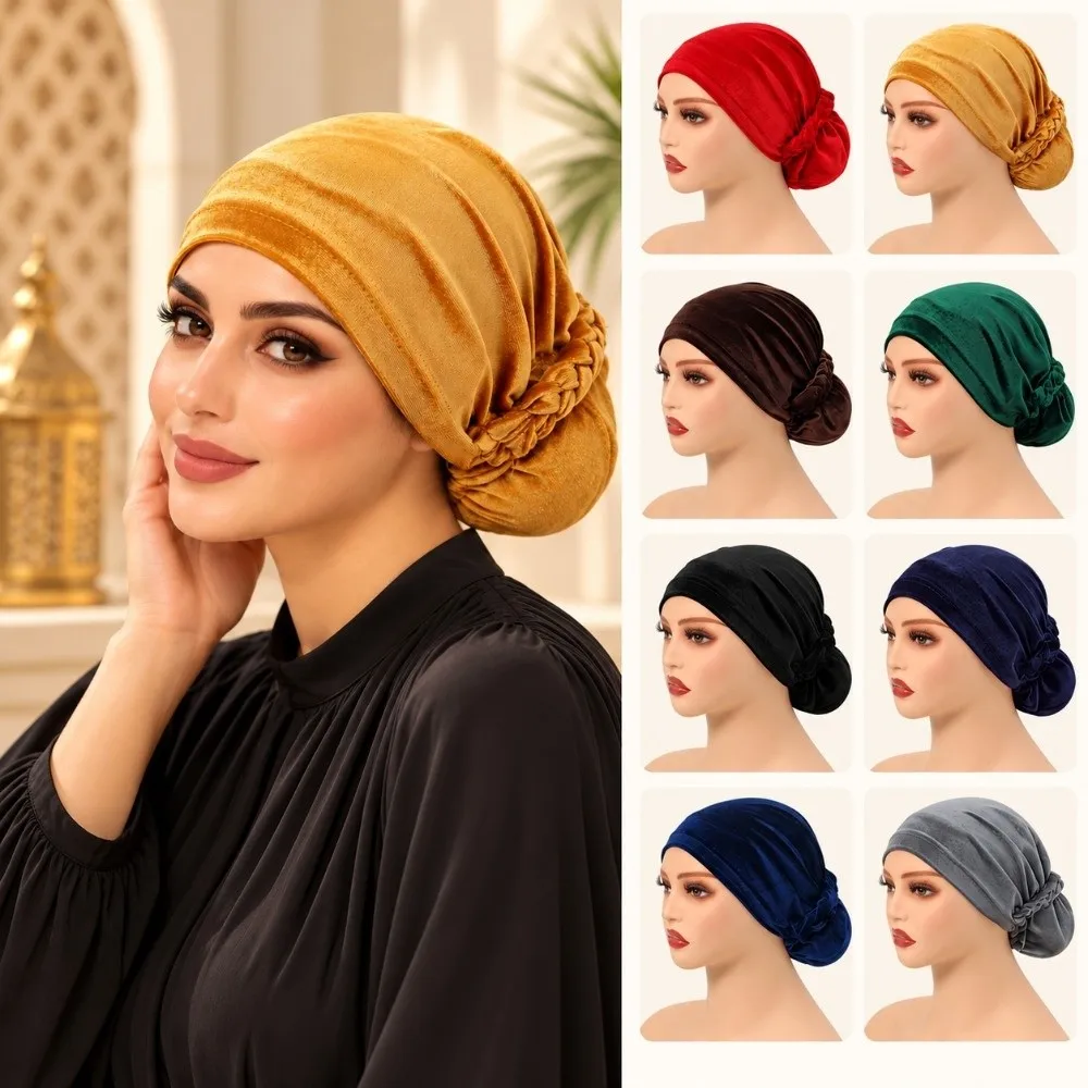 Solid Color Velvet Turban Hat Plated Finish Soft Elastic Muslim Headscarf Cap Pull-Out Design Breathable Instant Hijab Bonnet