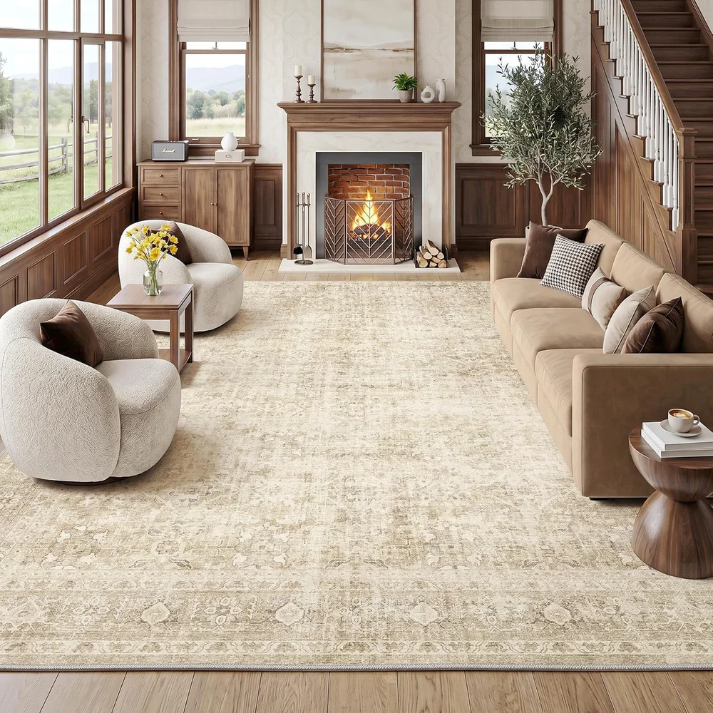 Extra Large 8x10 Retro Distressed Faded Area Rug Beige Cream Washable Low Pile Carpet for Nursery Office Home Decor