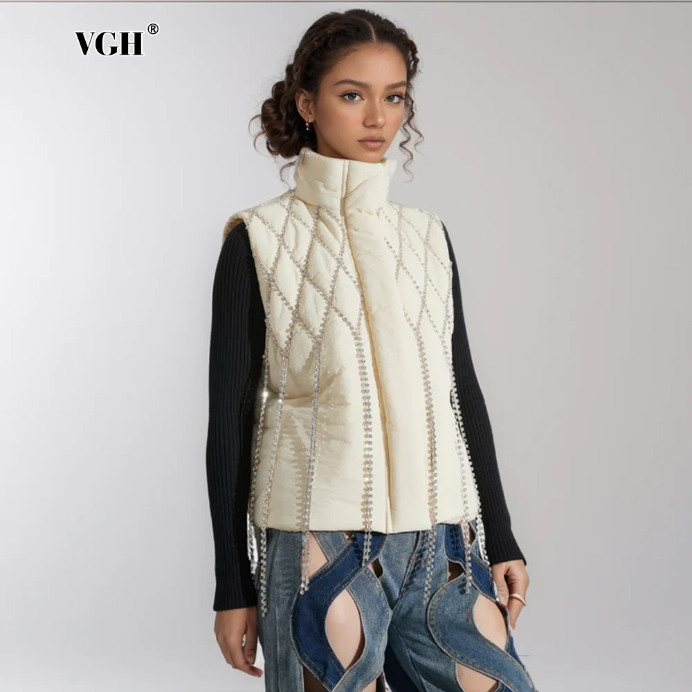 VGH Patchwork Diamonds Tassel Winter Waistcoats For Women Turtleneck Sleeveless Spliced Zipper Loose Warm Waistcoat Female New