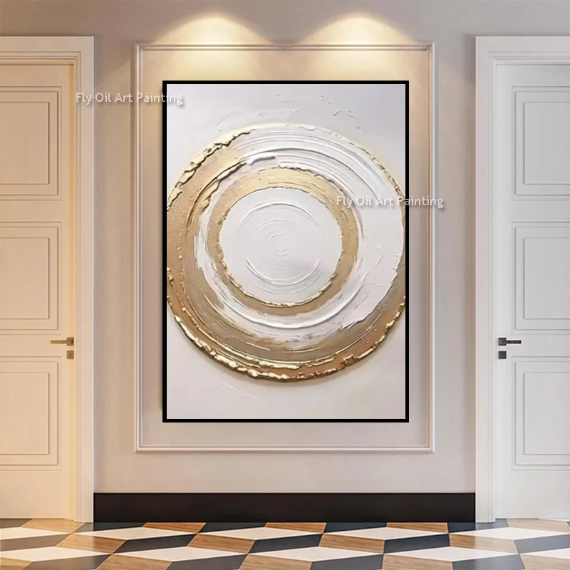 Handmade Golden Yellow White Circle Abstract Oil Painting On Canvas New Simplism Design Green White Knife Thick Wall Art Decor
