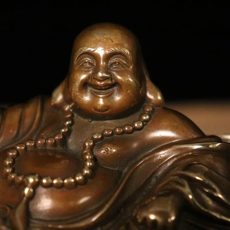 Antique Copper Lotus Sitting Maitreya Statue Laughing Big Belly Buddha Home Store Decoration Craft Gift