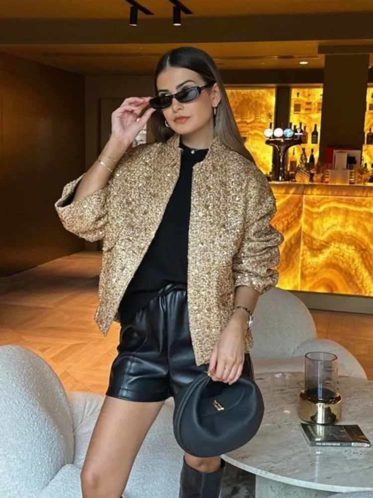 Women Fashion Sequins Shiny Short Jacket Elegant Long Sleeves Stand Collar Crop Coat 2023 Autumn Ladies High Street Partywear