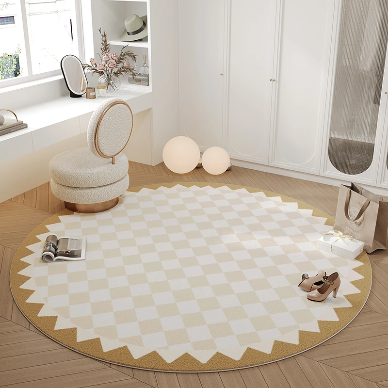 Nordic Style Bedroom Decor Plush Carpet Checkerboard Round Carpets for Living Room Home Chair Floor Mat Retro Large Area Rug