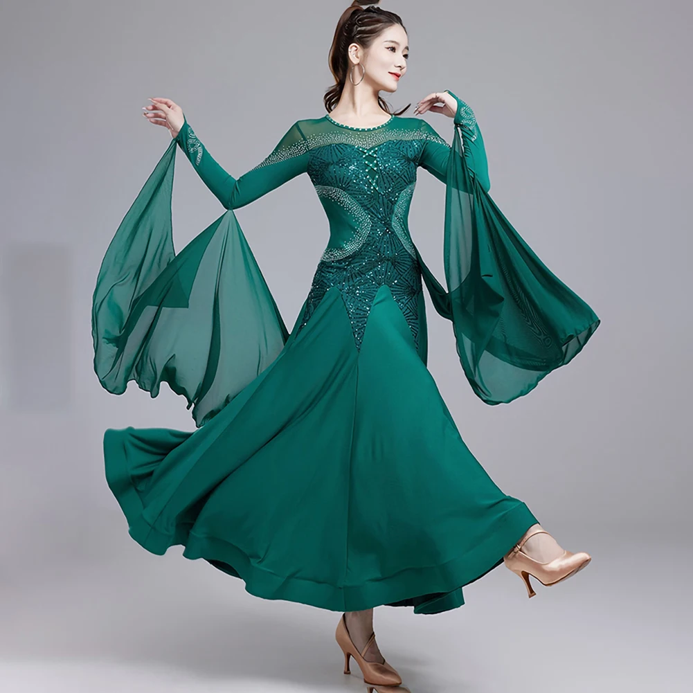 Modern Dance Dress wine red Ribbon Professional Competition Standard Dress Purple Sequin dark green Waltz Ballroom Dress