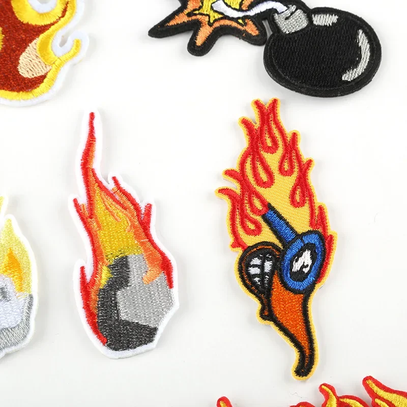 Flame Embroidery Patches Iron on Cartoon Fire Bomb Badges DIY Thermo Stickers for Clothes Holes Patch Burning Candle Appliques