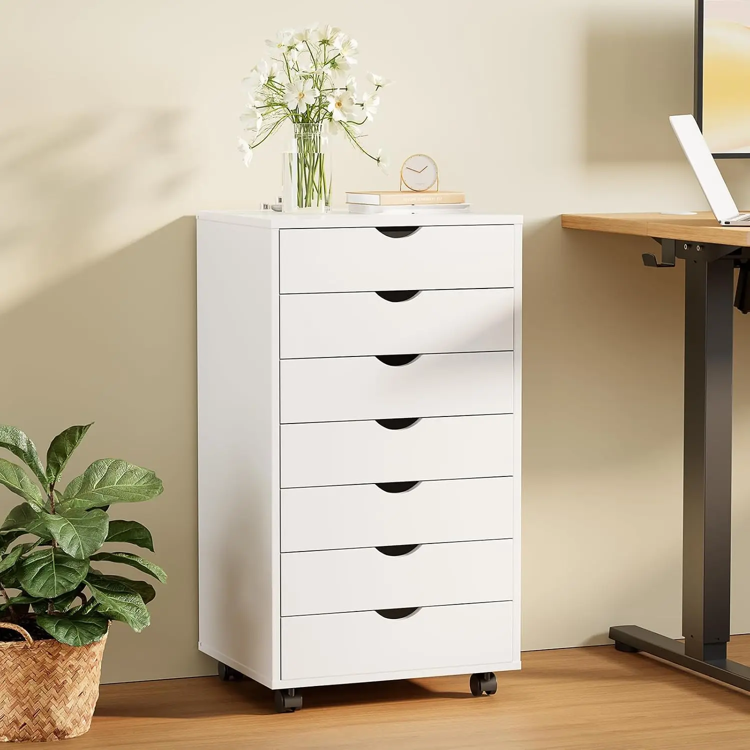 7 Drawer Rolling Storage Cabinet, Wood Under Desk Mobile Dresser with Wheels, Small Organizer Chest for Home Office, Bedroom, Living Room, Compact Vertical Storage Furniture Unit, White view 7