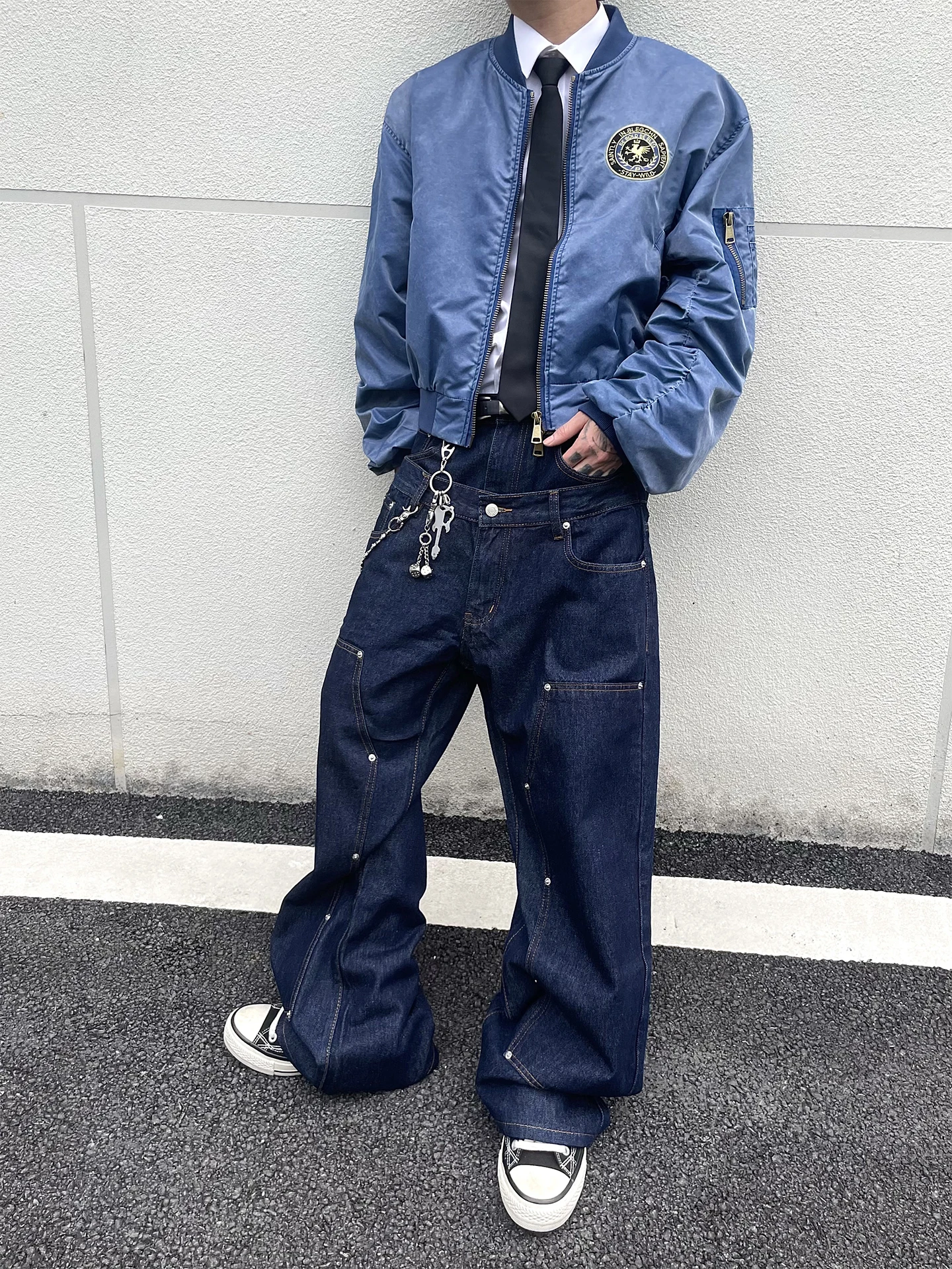 American High Street Double Waist Button Vintage  Denim Loose Straight Leg Casual Logging Men's Jeans High Waist Zipper Cl...