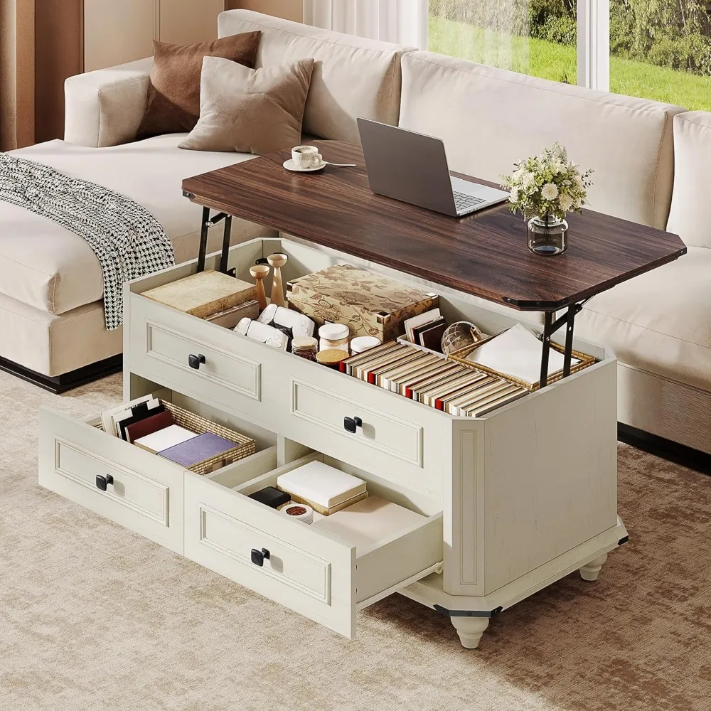 

Farmhouse Style Lift Top Coffee Table with Storage, Large Hidden Compartment and Two Drawers