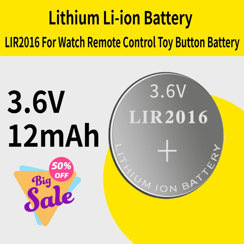

3.6V LIR2016 2016 Rechargeable Lithium Li-ion Battery 12mAh Replace CR2016 LM2016 For Watch Remote Control Toy Button Battery