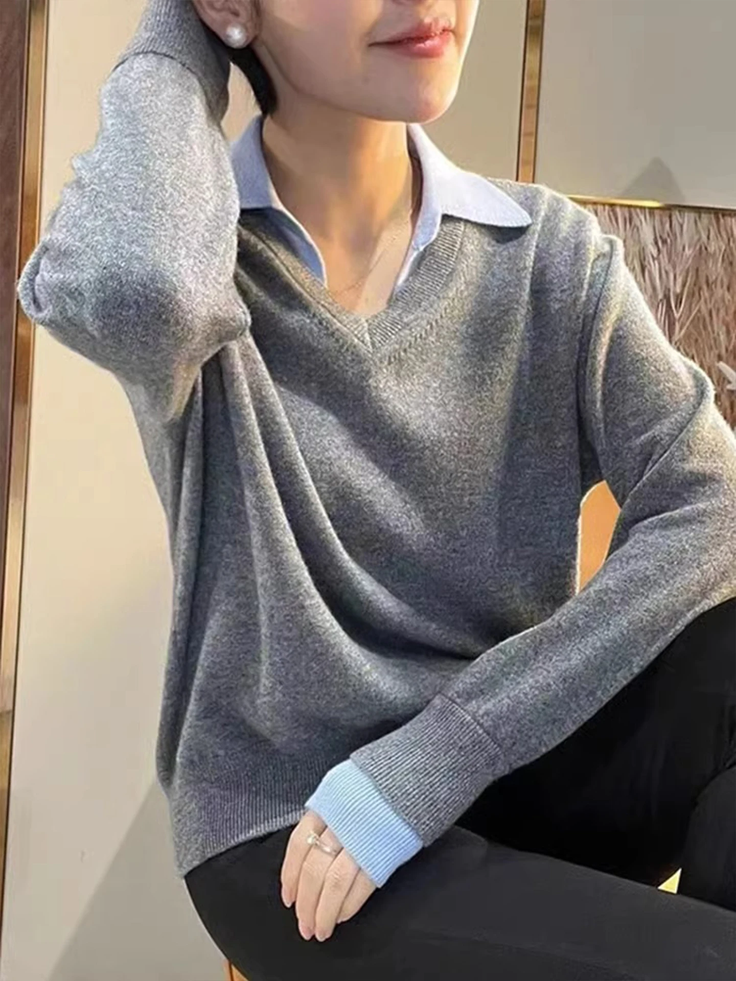 

Цвет Blo Ne Вязаный свитер Simple Long Sve Top Korean Sle Lazy Feeling Winter Small irt Fake Two-Piece Ense...