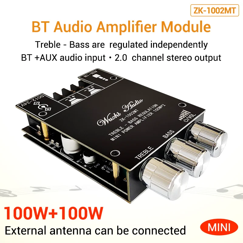 ZK-1002MT 100W*2 high and low tone stereo two-channel Bluetooth audio amplifier board module