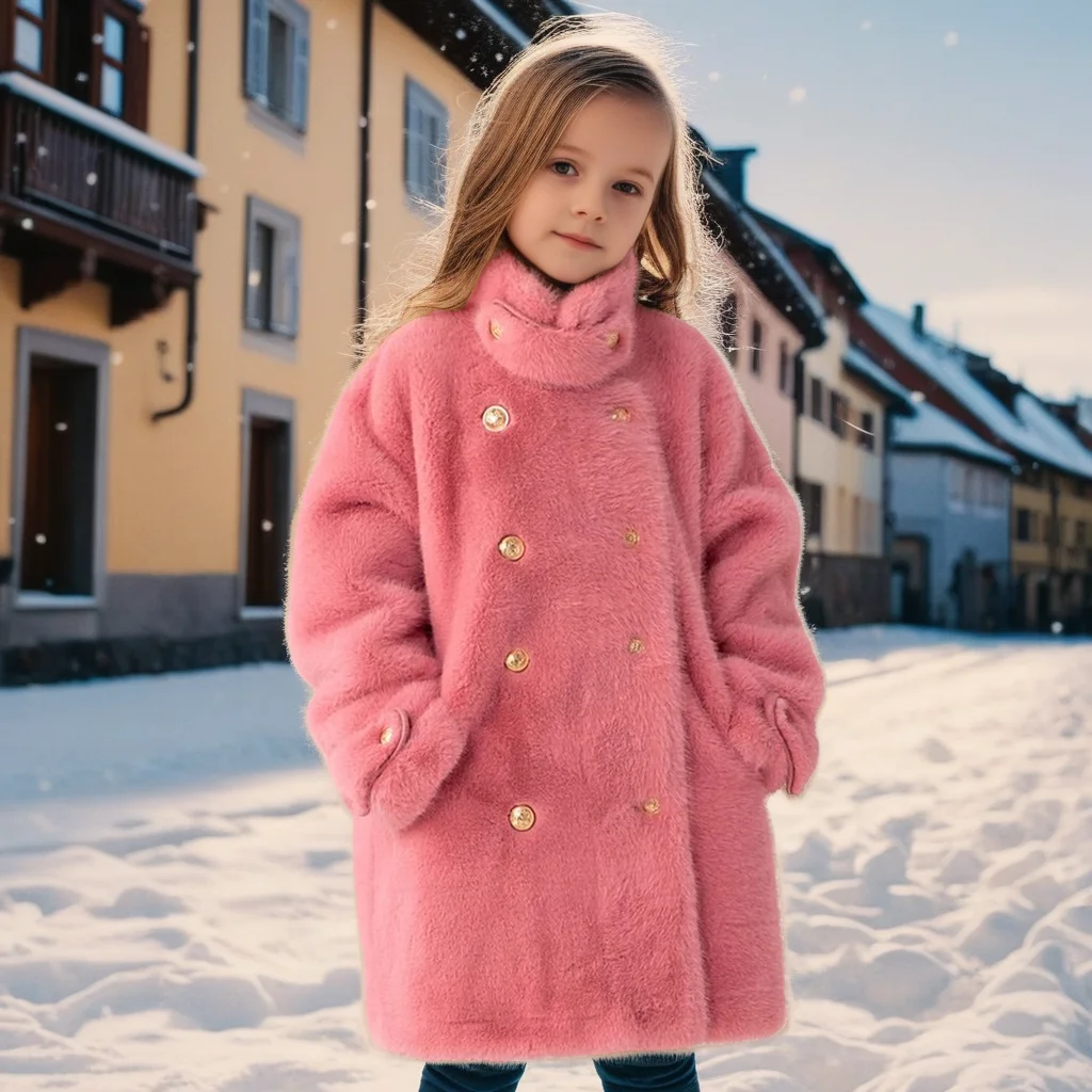 

Зимняя куртка из искусственного меха для девочек, теплая утепленная верхняя одежда с хлопковой подкладкой, модное двубортное пальто средней длины на пуговицах для детей 8, 10 лет