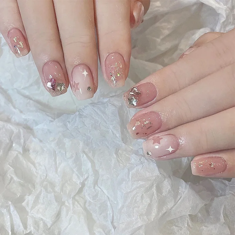 24Pcs Short Square Ballet Red False Nails French Minimalism Rhinestone Acrylic Manicure Retro Sweet Detachable Stick on Nails