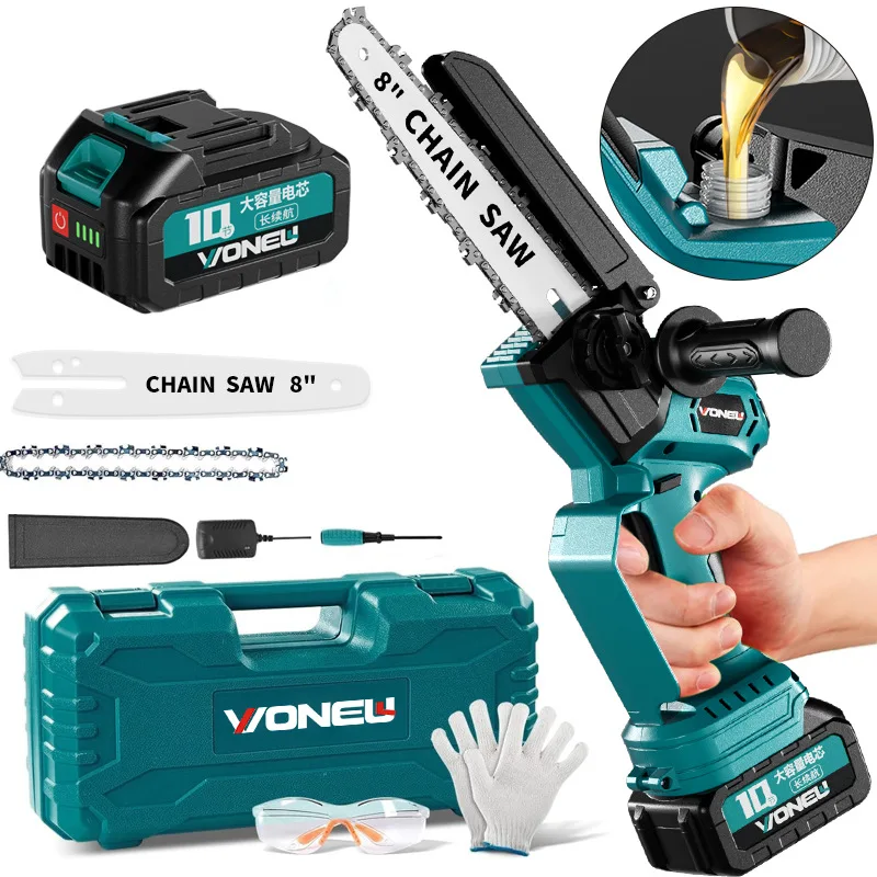 

Wanniu cross-border 8-inch chainsaw saw wood lithium chainsaw household saw tree garden pruning high-power single-handed logging