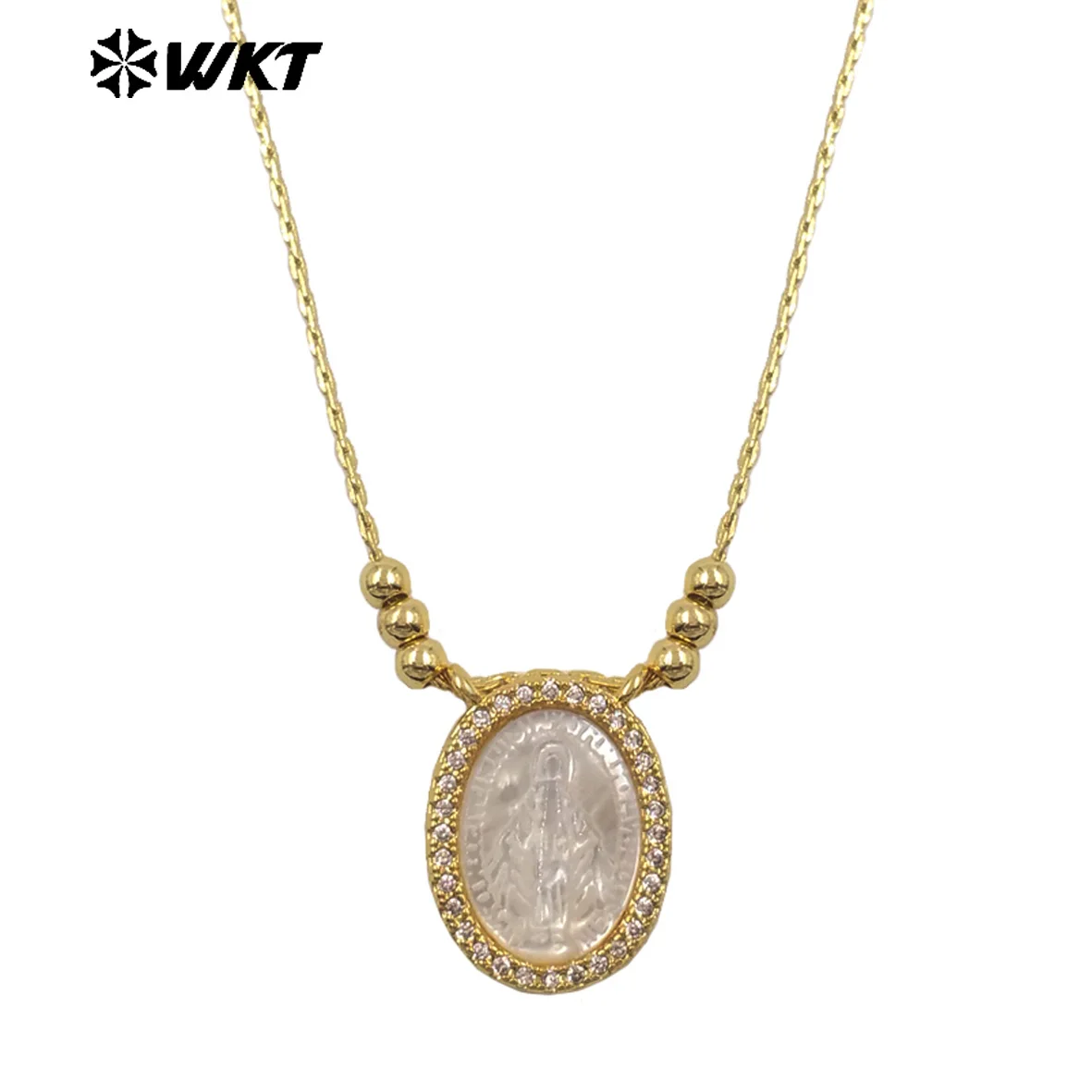 WT-JN389 Exquisite Hotsale Geometric Shape Religious White Shell Vivid Character Sculpture Charms Beads Women 16 Inch Necklace