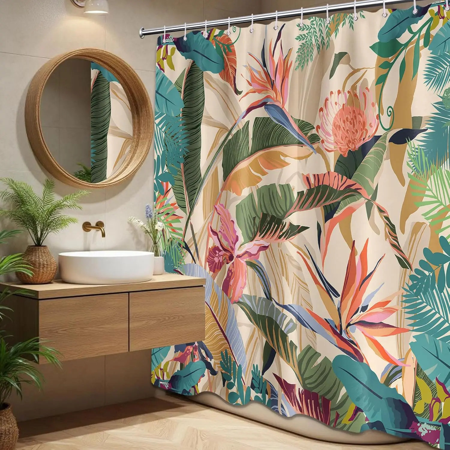 Tropical Palm Leaf Shower Curtain – Vibrant Jungle Leaves & Flowers, Exotic Bathroom Decor 71x71 inch with12 pc Hooks
