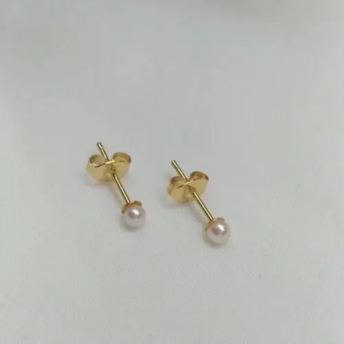 Charming Pair of 3-4mm Japanese Akoya Seawater Round Mimi White Real Pearl Stud Earrings Filled 14k Gold Free Shipping