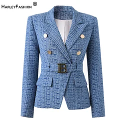 Blazer en Denim à Motif Géométrique pour Femme, Vêtement de Luxe Personnalisé, à la Mode, avec Ceinture, Vente en Gros